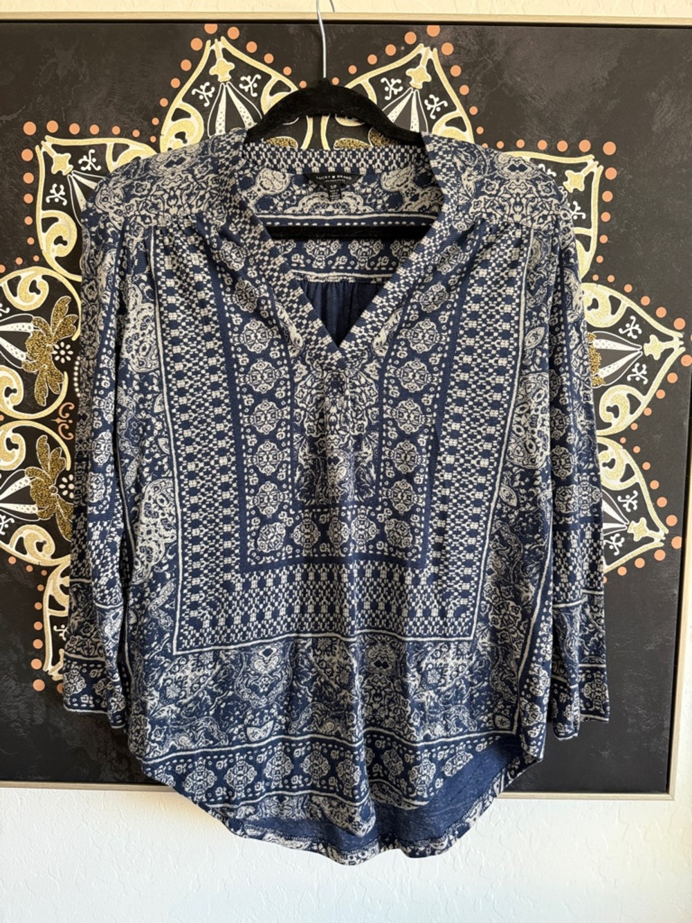 Lucky Brand Navy and White Printed Boho Blouse